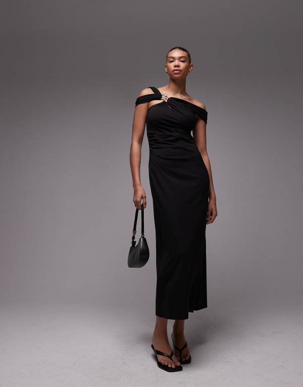 アンドアザーストーリーズ レディース トップス ワンピース ミディワンピース ミディ オフショルダー ジャージー & Other Stories structured jersey midi dress with off-shoulder and metal clasp Black ブラック