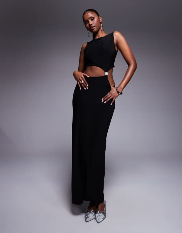 エイソス レディース トップス ワンピース カットアウト マキシワンピース マキシ ASOS DESIGN slinky cut out with pearl trim and side split maxi dress Black ブラック