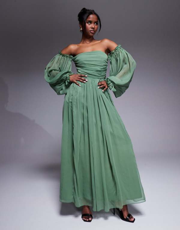 レース アンド ビーズ レディース トップス ワンピース バルーンスリーブ マキシワンピース マキシ Lace & Beads off shoulder balloon sleeve maxi dress in olive Olive オリーブ