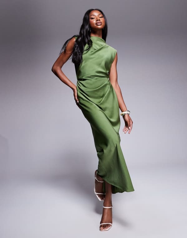 エイソス レディース トップス ワンピース ハイネック ミディワンピース プリーツ ミディ サテン ASOS DESIGN satin high neck pleated bodice midi dress in olive OLIVE GREEN グリーン