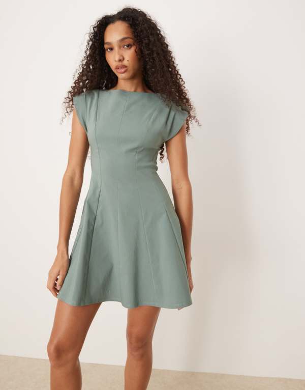 エイソス レディース トップス ワンピース ミニワンピース ミニ ASOS DESIGN slash neck skater mini dress in sage Sage セージ