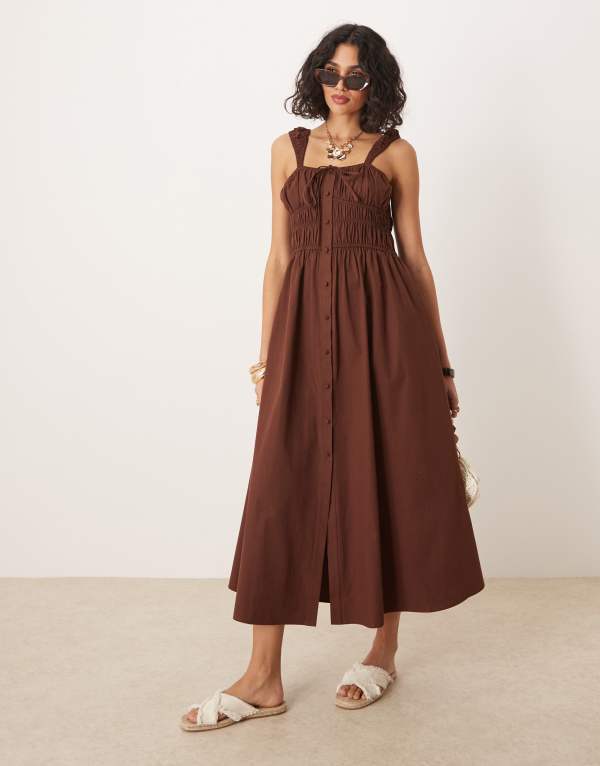 エイソス レディース トップス ワンピース ボタンダウン ミディ ダウン ASOS DESIGN tie front button down midi sundress in chocolate chocolate チョコレート