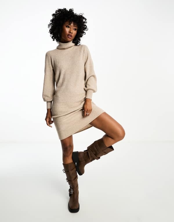オンリー レディース トップス ワンピース ミディ セーター ニット Only roll neck puff sleeve knitted midi sweater dress BEIGE ベージュ|ReVida 店