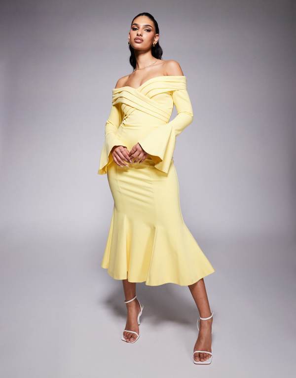 ラビッシュアリス レディース トップス ワンピース ミディワンピース ミディ Lavish Alice off shoulder fit and flare long midi dress in yellowイエロー