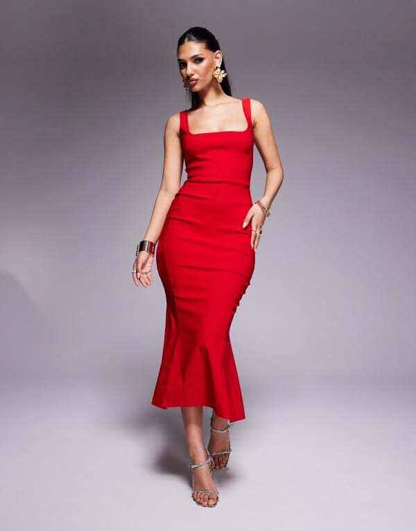 ベスパー レディース トップス 衣装 midi衣装 midi ノースリーブ Vesper bengaline sleeveless square neck fishtail MIDI dress RED 赤いこと