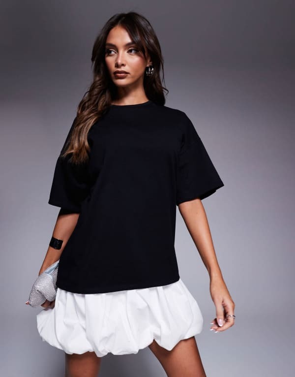 エイソス レディース トップス ワンピース ミニワンピース ミニ Tシャツ ASOS DESIGN 2-in-1 T-shirt bubble hem mini dress and Black and white ホワイト