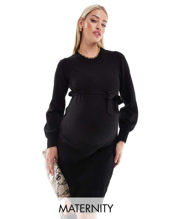 ママライシアス レディース トップス ワンピース ミニワンピース ミニ ニット マタニティ Mama.licious Mamalicious Maternity knit mini dress with belt Black ブラック｜ReVida 店