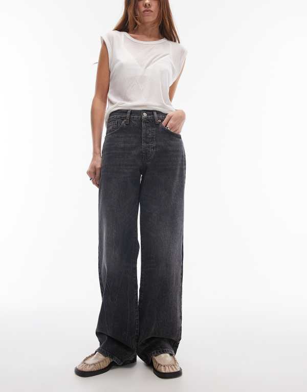 とっ始め販売店 レディース ボトムス ジーンズズボン下 デニム Topshop mid rise loose fit straight jeans インチ washed washed black 黒いこと レディースファッション-ボトムス