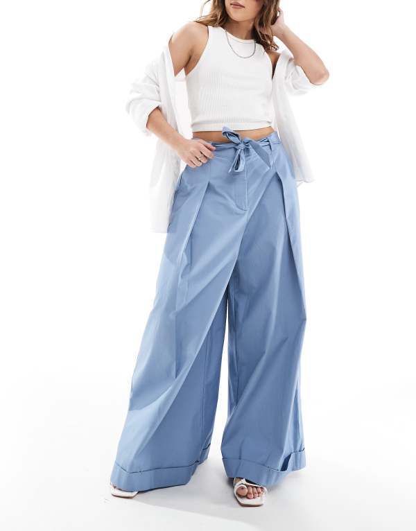 エイソス レディース ボトムス 心地好いズボン下 ワイドレッグ ズボン下 ASOS DESIGN super wide leg pants with tie belt Blue 青み