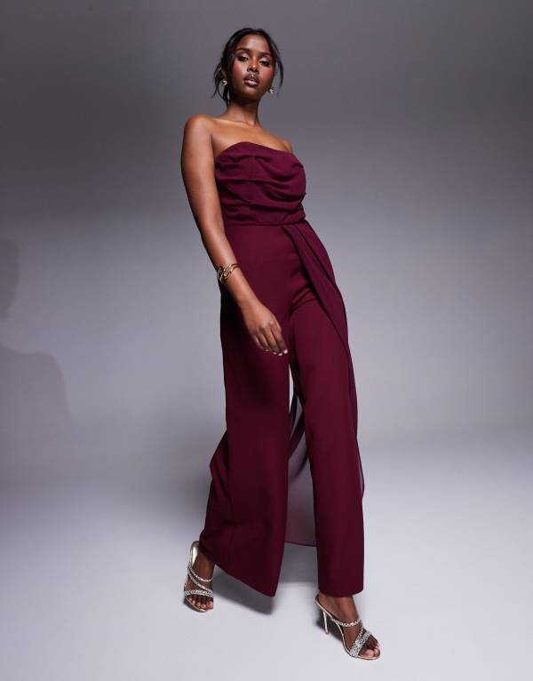 エイソス レディース トップス ジャンプスーツ シフォン パンツ ASOS DESIGN bandeau chiffon bodice tailored pants jumpsuit Burgundy バーガンディ