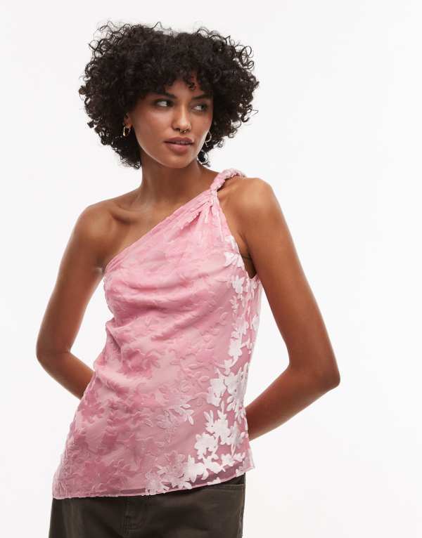 トップショップ レディース トップス タンクトップ ワンショルダー ベルベット ノースリーブ Topshop one-shoulder twist sleeveless top velvet burnout PINK ピンク