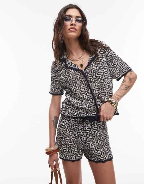 トップショップ レディース トップス ベスト シャツ ニット Topshop knit crochet look pattern shirt in multi - part of a set Navy ネイビー
