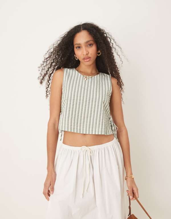 ノーバディーズ チャイルド レディース トップス シャツ リネン Nobody's Child Verity tie-side linen look top stripe Beige ベージュ