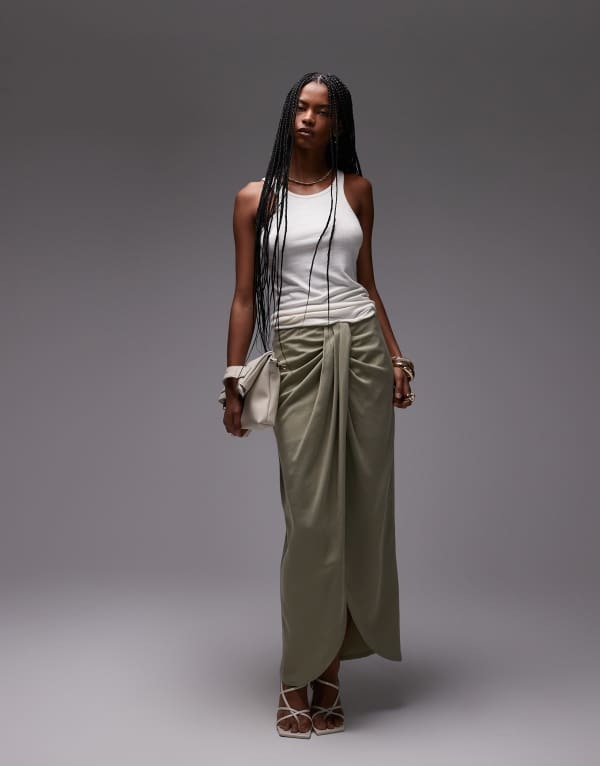 エイソス レディース ボトムス スコート ドレープ マキシ ASOS DESIGN lyocell drape front maxi skirt インチ olive Olive Green 緑であること スカート-レディースファッション-ボトムス