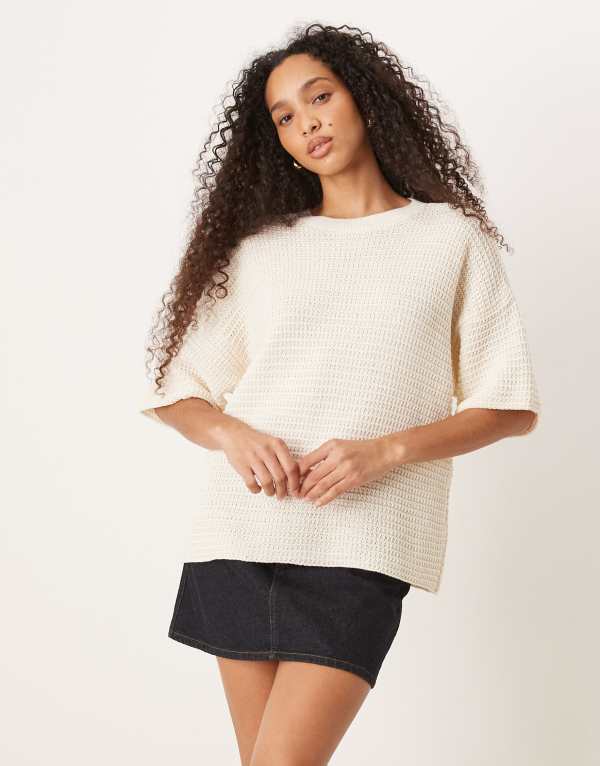 エイソス レディース トップス Tシャツ ニット ASOS DESIGN knit stitch relaxed T-shirt in ecru Ecru エクリュ