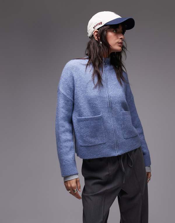 セレクティッド レディース アウター カーディガン Selected Femme zip thru alpaca blend fluffy cardigan with pockets Blue ブルー