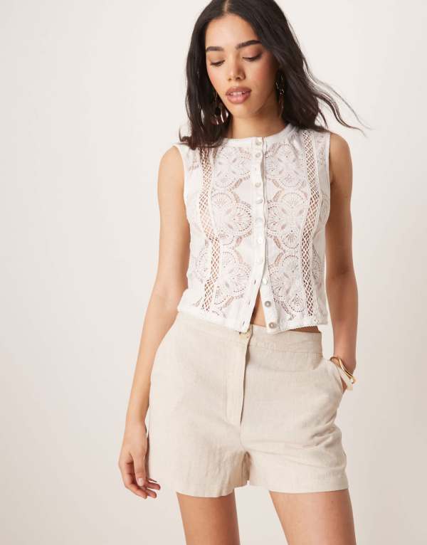 エイソス レディース ボトムス ハーフパンツ・ショーツ ショートパンツ リネン ASOS DESIGN relaxed dad shorts with linen in stone Stone ストーン
