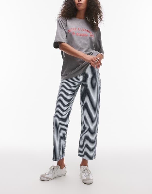 とっ始め販売店 レディース ボトムス 心地好いズボン下 引っ切りない ズボン下 クロップド Topshop striped cropped mid rise straight leg pants blue 青色 パンツ-ボトムス-レディースファッション