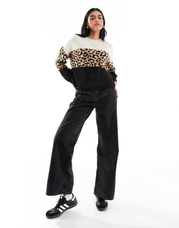 オンリー レディース アウター 編み物・プルオーバー 毛の荒物柄 刷り上げる プルオーバー ONLY animal print color block sweater \u0026 ANIMAL PRINT 毛の荒物 セーター-トップス