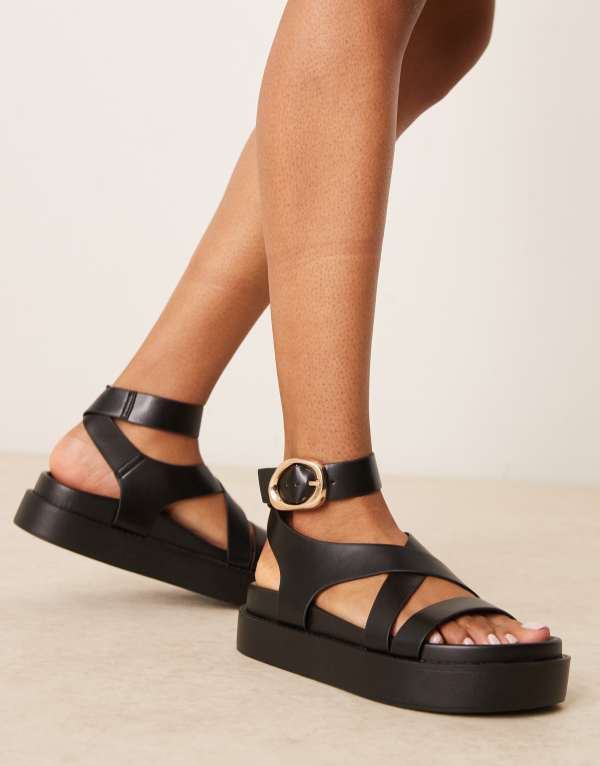 エイソス レディース シューズ サンダル ASOS DESIGN Farrah cross strap footbed sandals BLACK PU ブラック