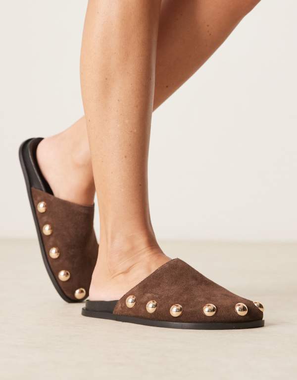 エイソス レディース シューズ サンダル スエード レザー ASOS DESIGN Motion leather flat mules suede BROWN ブラウン｜ReVida 店