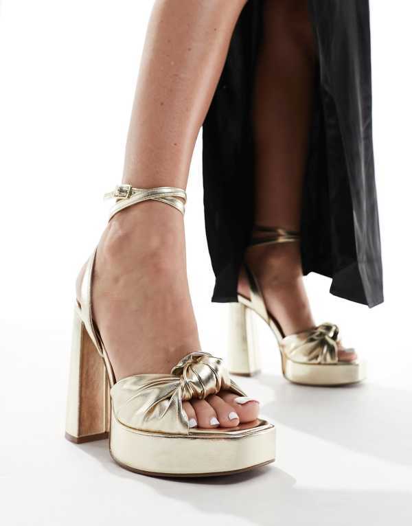 エイソス レディース シューズ サンダル プラットフォーム ヒール ASOS DESIGN Nikita knotted platform heeled sandals GOLD ゴールド