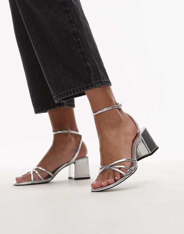 マンゴ レディース シューズ ヒール Mango strappy block heels SILVER シルバー