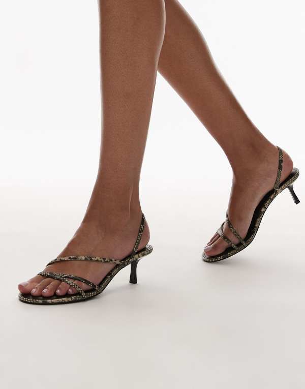 マンゴ レディース シューズ サンダル ヒール Mango strappy kitten heel sandals in snake skin Khaki カーキ 15,185円