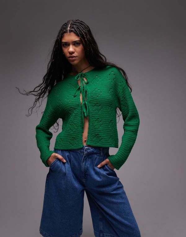 トップショップ レディース アウター カーディガン ニット Topshop knit pointelle tie cardigan GREEN グリーン