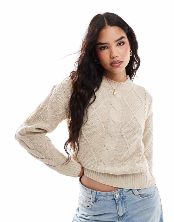 ヴィラ レディース アウター ニット・セーター セーター ニット Vila round neck cable knit sweater in cream Feather gray グレー