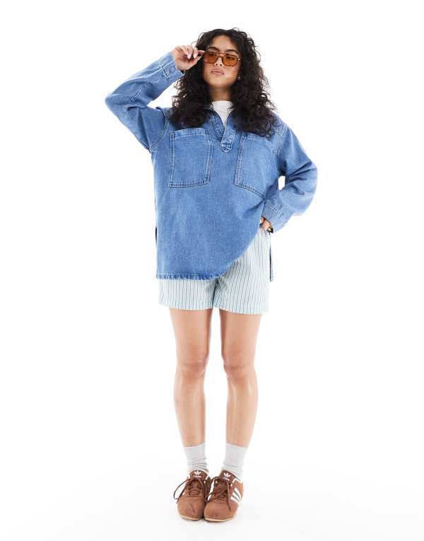 エイソス レディース トップス シャツ デニム ASOS DESIGN denim rugby top in light wash LIGHT BLUE ブルー