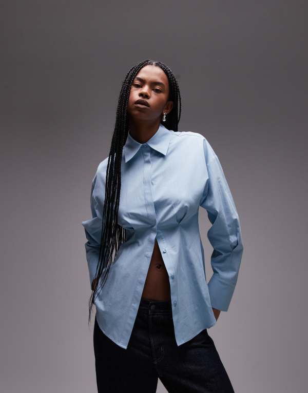 トップショップ レディース トップス シャツ Topshop cinch waist poplin shirt Blue ブルー
