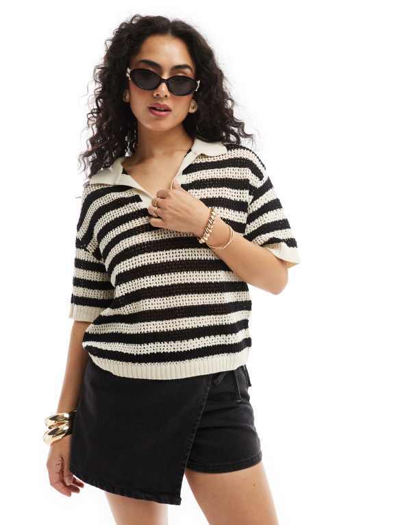 ジェイディーワイ レディース トップス Tシャツ ポロシャツ ニット JDY open knit polo top and white stripe Black ブラック