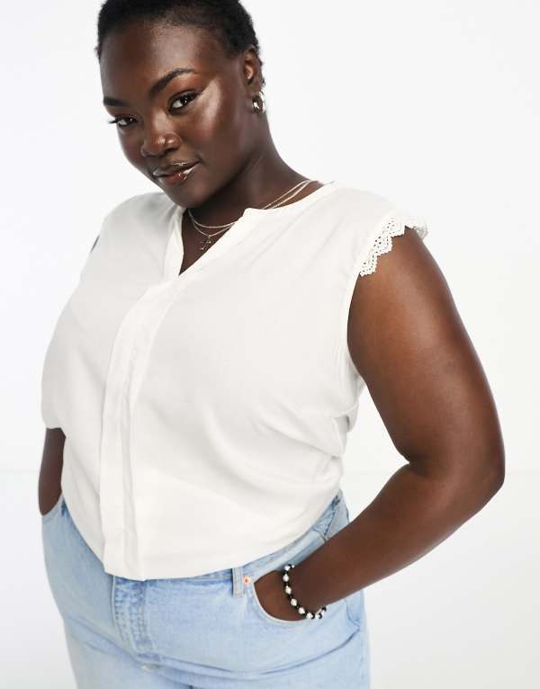 オンリーカーブ レディース トップス シャツ Vネック ブラウス Only Curve v neck blouse with crochet detail WHITE ホワイト