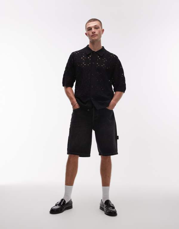 トップマン メンズ ボトムス ハーフパンツ・ショーツ ショートパンツ デニム Topman denim carpenter shorts in washed WASHED BLACK ブラック