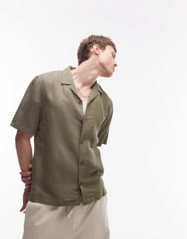 トップマン メンズ トップス シャツ リネン Topman short sleeve linen blend shirt Khaki カーキ