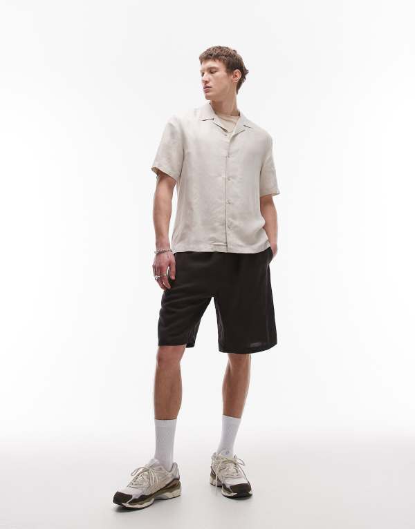とっ始めマン メンズ ボトムス 二分の一ズボン下・さる股引き ワイドレッグ 遊撃手ズボン下 リネン Topman wide leg linen mix shorts Black 黒いこと ズボン・パンツ-メンズファッション