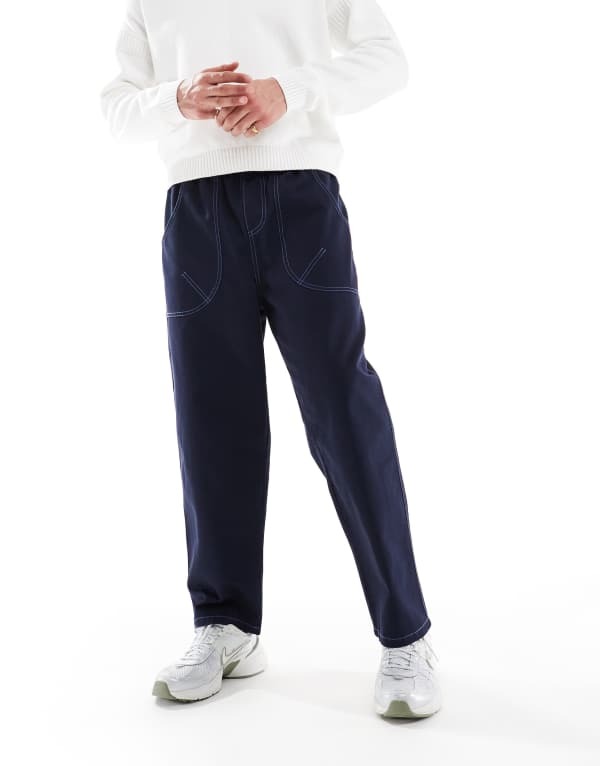 エイソス メンズ ボトムス カジュアルパンツ ナイロン パンツ コントラスト ASOS DESIGN baggy nylon pants with contrast stitch NAVY ネイビー