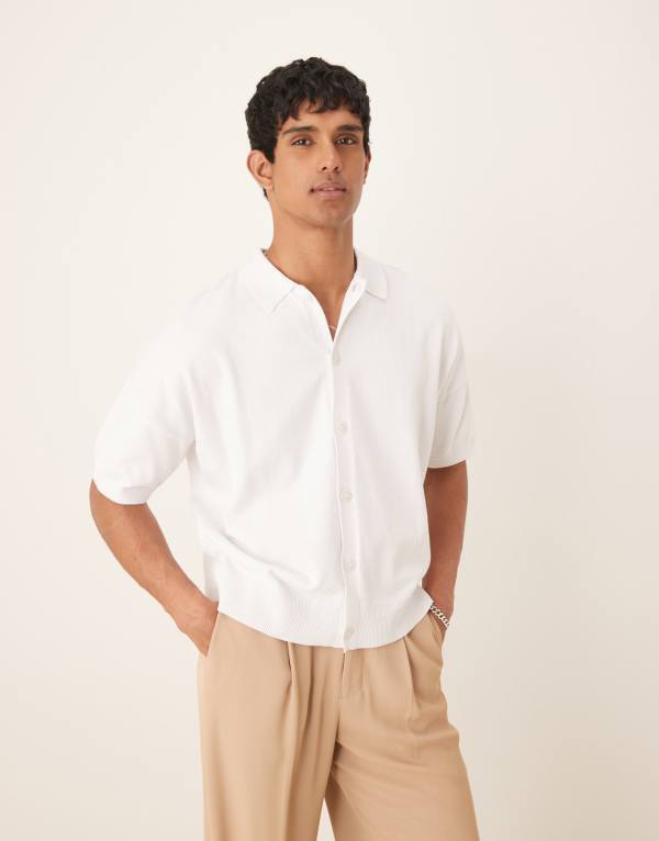 エイソス メンズ トップス スポーツシャツ 綿織物 編み物 ASOS DESIGN oversized boxy fit knit cotton button up polo shirt WHITE 白いこと
