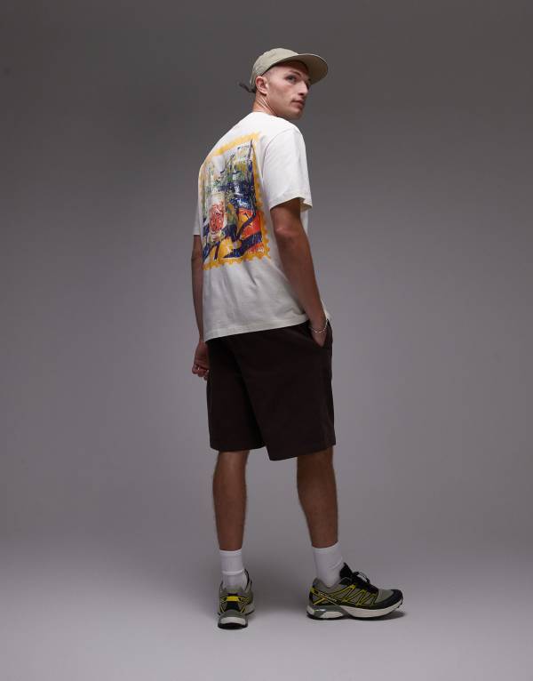 トップマン メンズ トップス Tシャツ オーバーサイズフィット プリント シャツ Topman oversized fit T-shirt with stamp scene print in ecru WHITE ホワイト