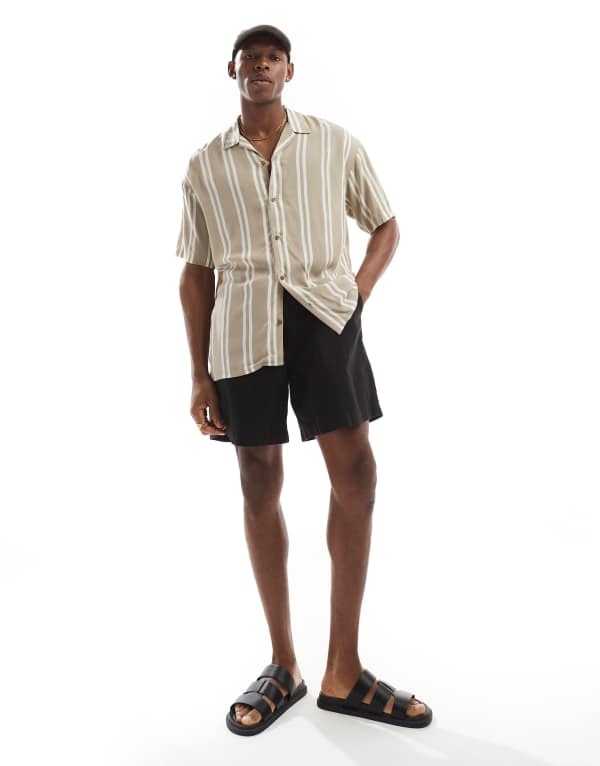 ジャック アンド ジョーンズ メンズ トップス シャツ Jack & Jones revere collar striped short sleeve shirt Crockery ベージュ｜ReVida 店 9,436円