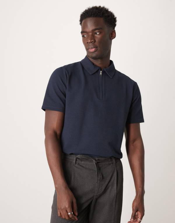 セレクテッドオム メンズ トップス ポロシャツ ハーフジップ シャツ Selected Homme half zip seersucker polo shirt Sky captain ネイビー