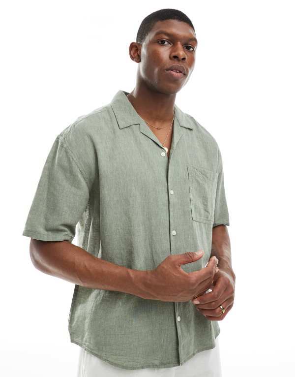 オンリーアンドサンズ メンズ トップス シャツ リネン ONLY & SONS linen mix relaxed resort shirt in sage Swamp セージ 12,766円