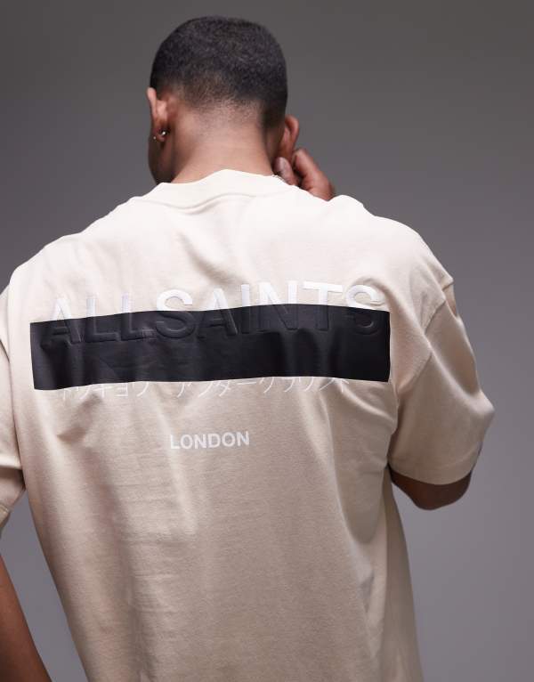 オールセインツ メンズ トップス Tシャツ 刺繍 ロゴ AllSaints Redact oversized embroidered logo T-shirt in dusty light Dusty Light Brown ブラウン