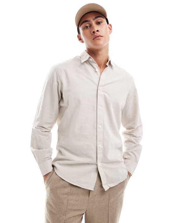 セレクテッドオム メンズ トップス シャツ リネン Selected Homme long sleeve linen mix shirt Pure cashmere ベージュ