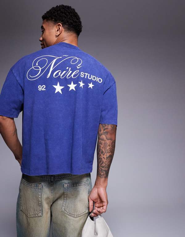 エイソス メンズ トップス Tシャツ グラフィック ASOS DESIGN boxy oversized t-shirt in heavyweight 220gsm washed blue with text graphic OCEAN CAVERN ブルー