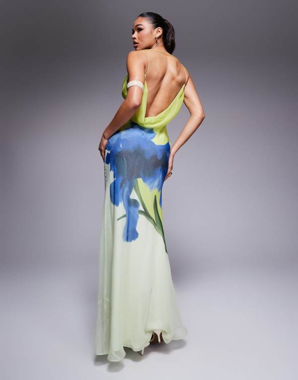 エイソス レディース トップス ワンピース マキシワンピース フラワー柄 プリント レース マキシ フラワー ASOS DESIGN cowl neck plunge maxi dress with back detail in placement floral print Green floral グリーン