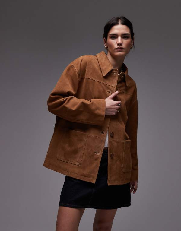 トップショップ レディース アウター ジャケット・ブルゾン スエード ジャケット Topshop premium real suede patch pocket boxy jacket in tan tan タン