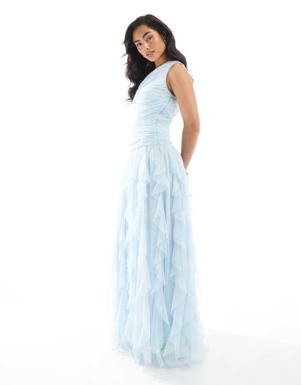 レース アンド ビーズ レディース トップス ワンピース マキシワンピース フリル マキシ Lace & Beads Bridesmaid one shoulder waterfall ruffle maxi dress in powder Powder Blue ブルー