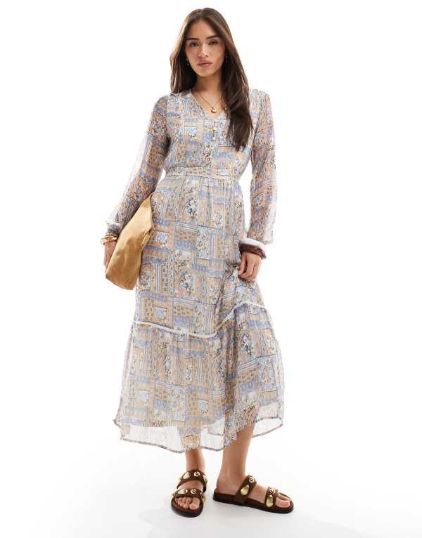ヴェロモーダ レディース トップス ワンピース マキシワンピース プリント パッチワーク マキシ Vero Moda smock maxi dress patchwork print Birch ピンク